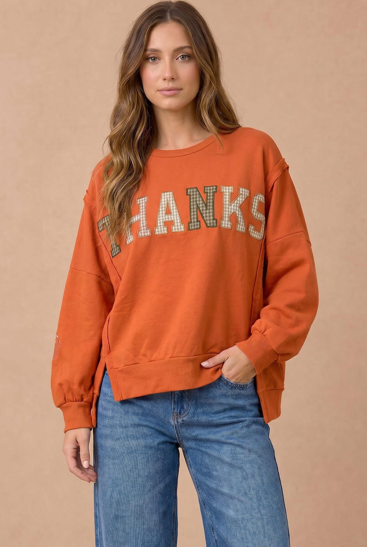 Plaid Patchwork Thanks Terry Slit Pullover-Pumpkin