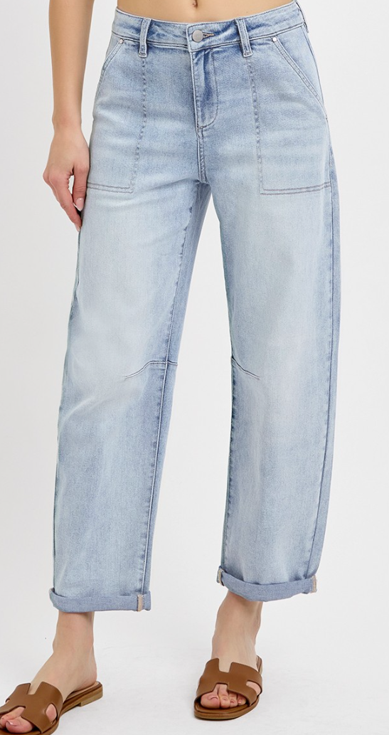 Mid Rise Barrel Patch Pocket Denim-Light