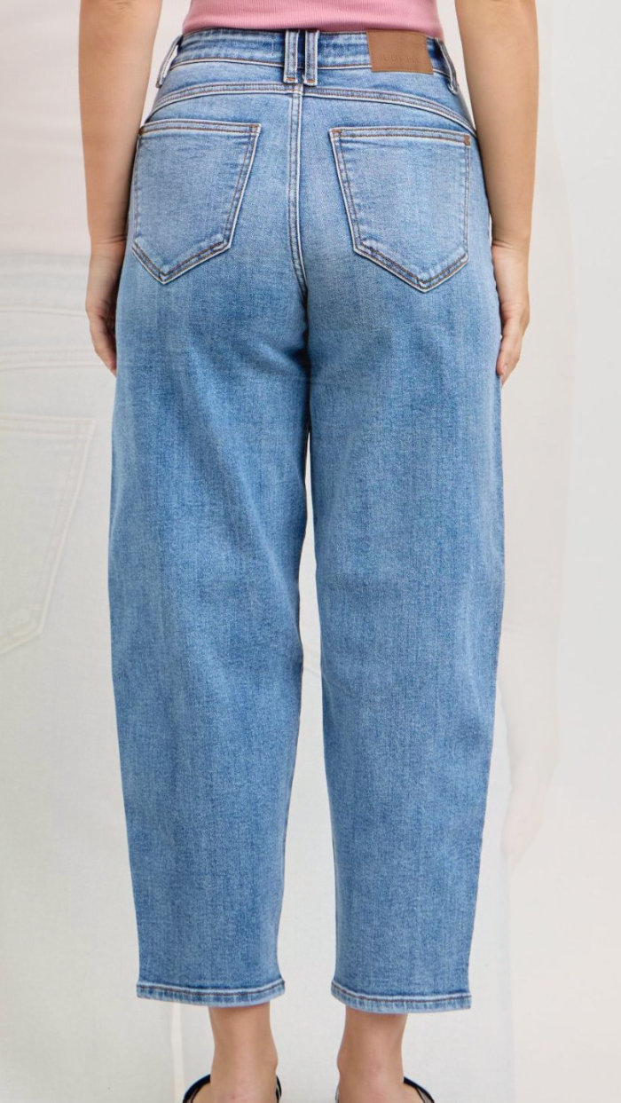 High Waist Front Dart Hem Barrel Denim
