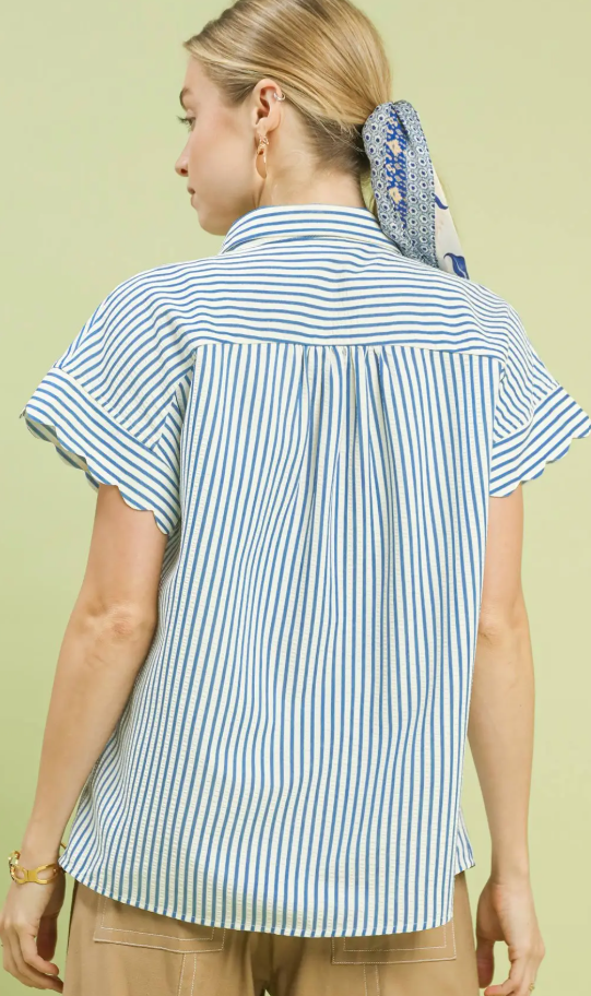 Striped Collared Button Scallop Sleeve Top-Blue