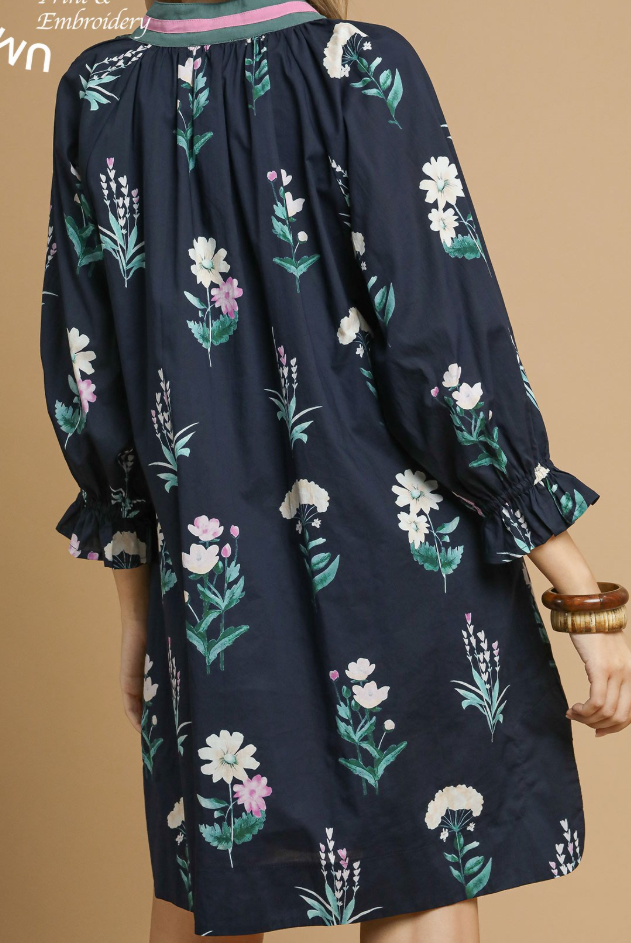 Floral 3/4 Sleeve Dress w/Striped V-Neck-Navy