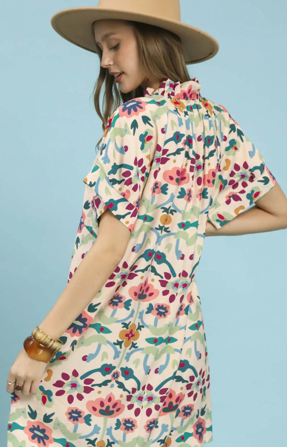 Folk Art Print V-Neck Shift Dress