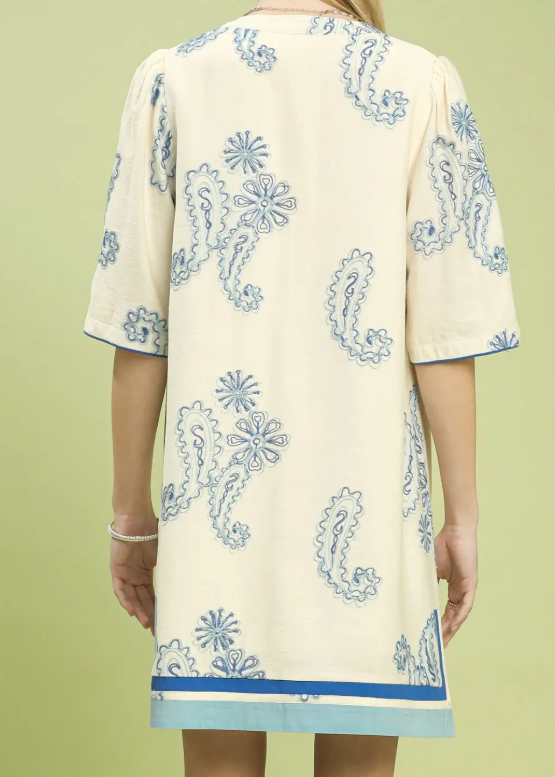 Paisley Embroidered Stripe Hem Shift Dress-Blue