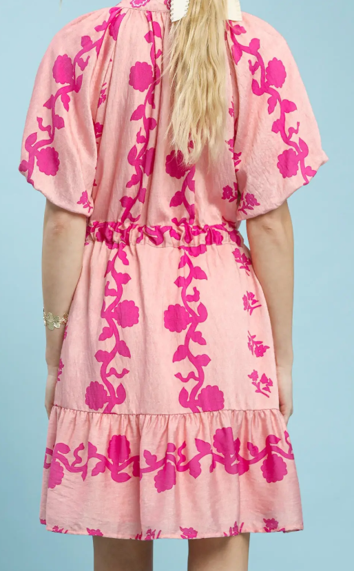 Vertical Floral Print Tie Waist Dress-Pink