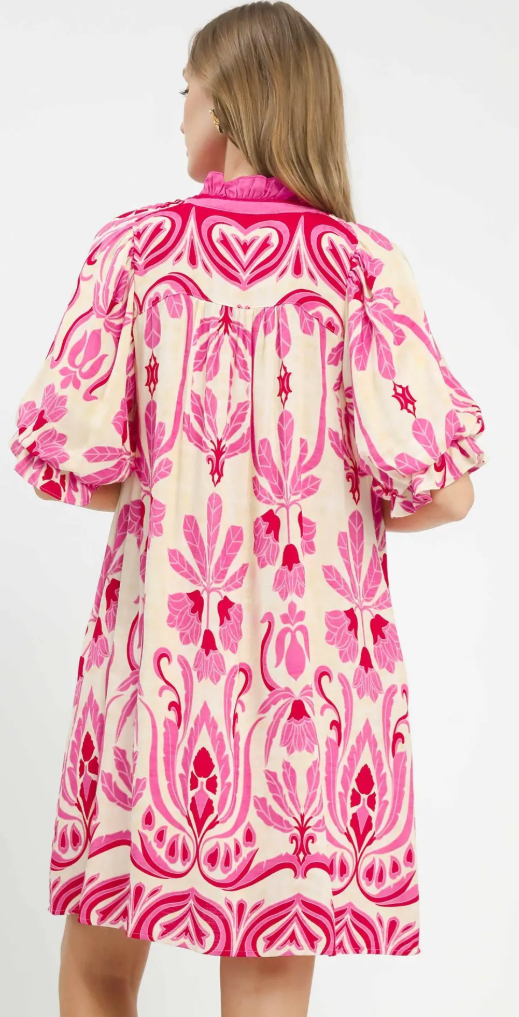 Botanical Damask A-Line Shift Dress-Pink