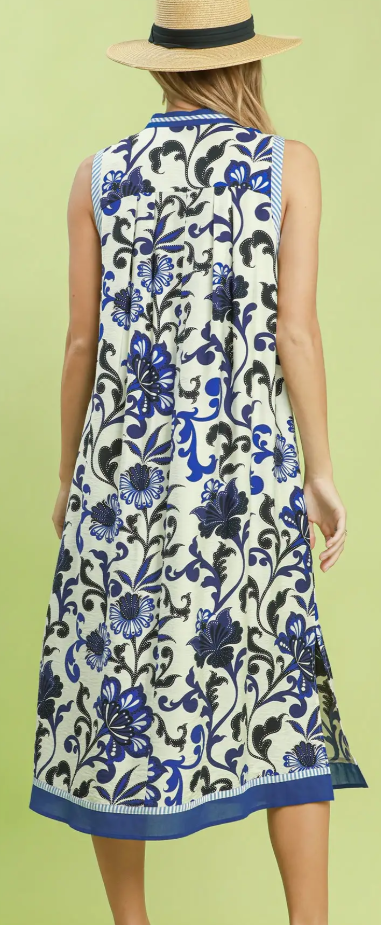 Sleeveless Floral Scroll Border Print Midi Dress