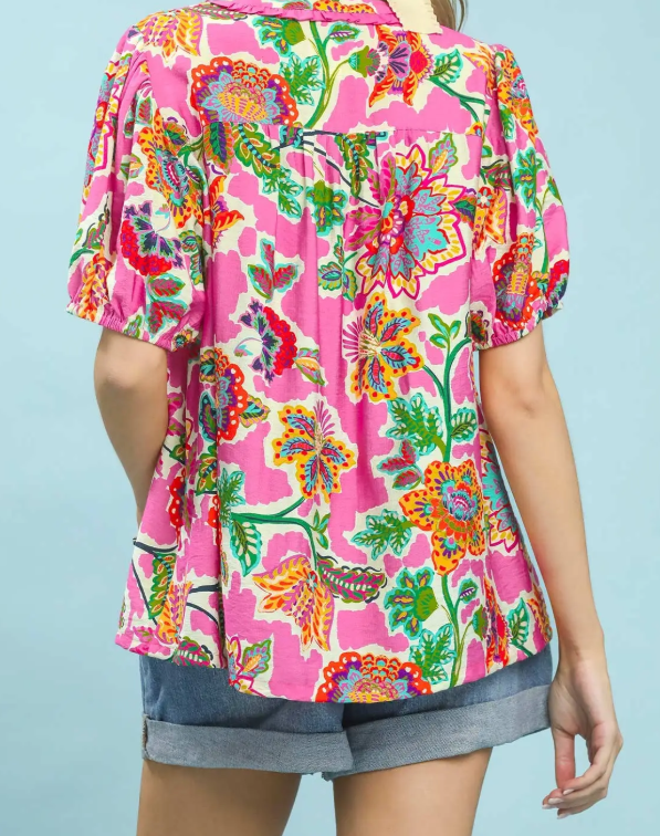 Floral Ruffle Trim Button Placket Top-Pink