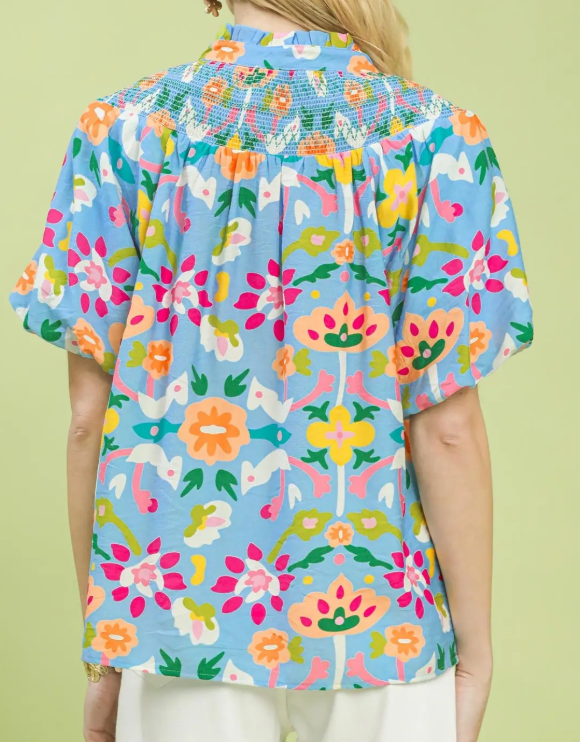 Folk Art Print Smocked Neck Puff Sleeve Top-Blue