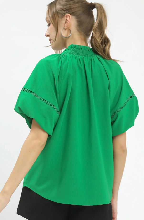 Solid V-Neck Lace Inset Puff Sleeve Top-Green