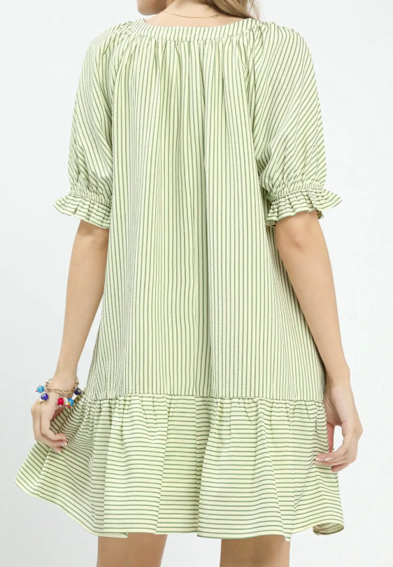 Striped Gathered Sleeve Contrast Yoke Dress-Sage