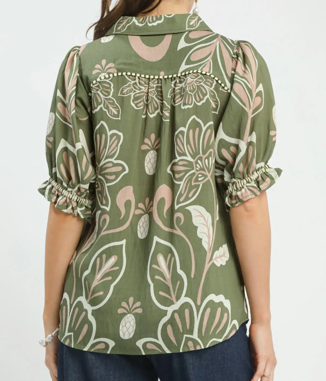 Floral Border Print Scallop Yoke Puff Sleeve Top-Sage