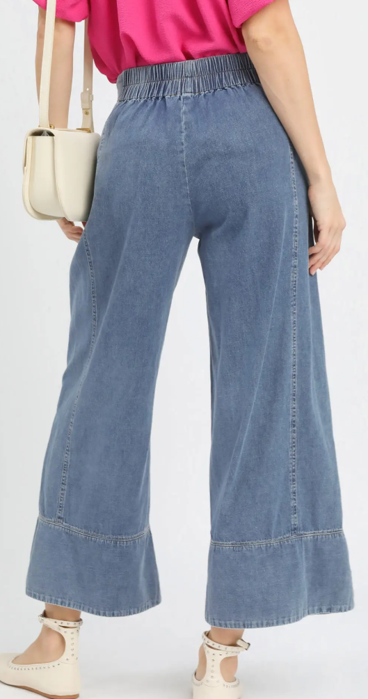 Elastic Waist Stone Washed Wide Leg Pant