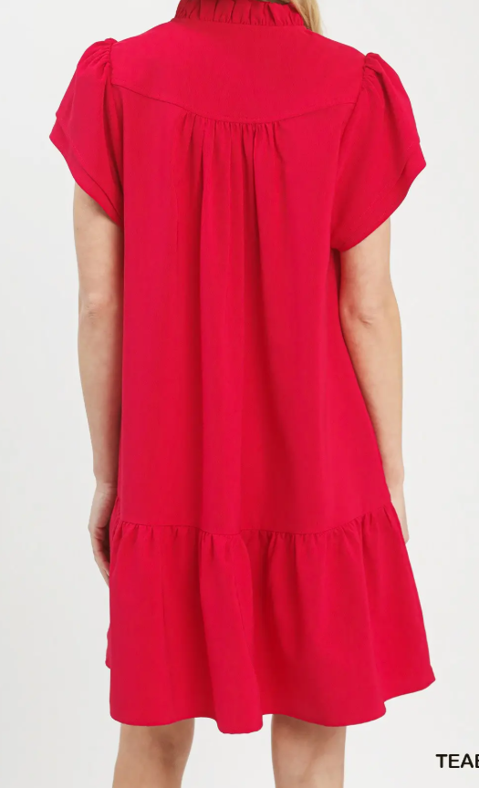 Solid V-Neck Double Layer Sleeve Drop Hem Dress-Teaberry