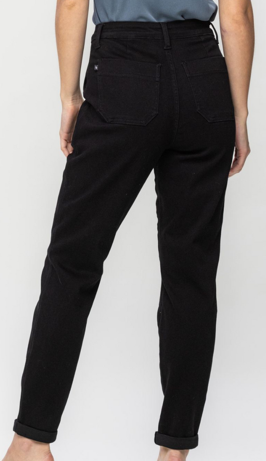 High Waist Double Roll Cuff Denim Jogger - Jet