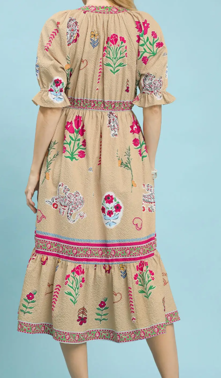 Large Floral Border Print Puff Sleeve Midi Dress-Taupe