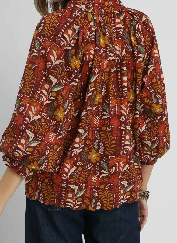 Floral Block Scallop Hem 3/4 Sleeve Top-Burgundy