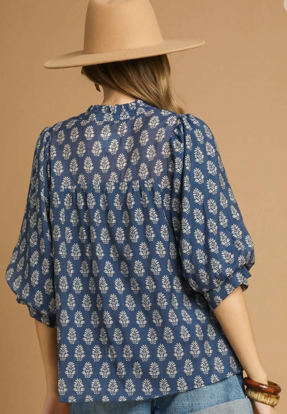 Floral Medallion 3/4 Sleeve Split Neck Top-Blue