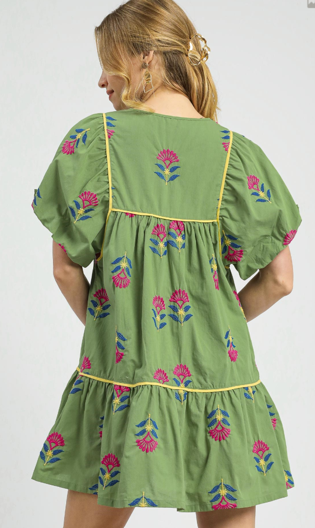 Embroidered Flower Puff Sleeve Tie Neck Dress