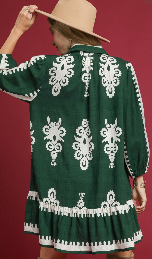 Block Print Buton Down 3/4 Sleeve Dress