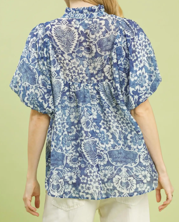 Boho Print Puff Sleeve V-Neck Top