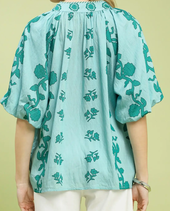 Vertical Floral Print Puff Sleeve Top-Teal