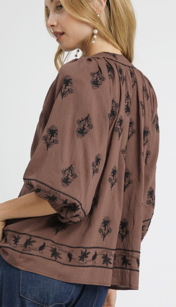 Floral Block Print 3/4 Balloon Sleeve V-Neck Top