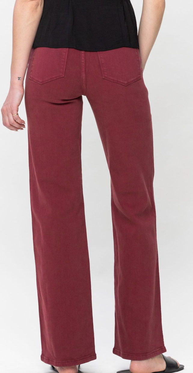 High Waist Dyed Front Seam Straight Denim - Burgundy