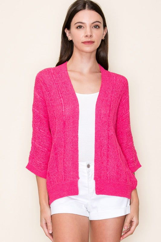 Pointelle 3/4 Sleeve Open Cardigan