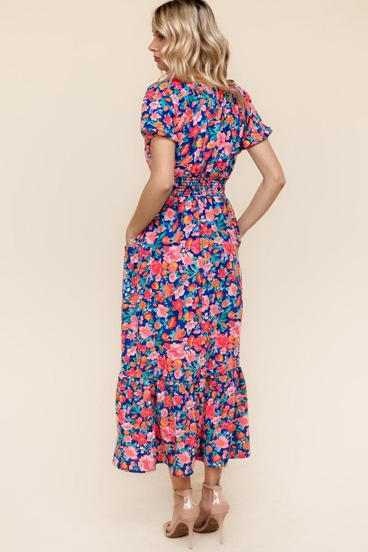 Floral V-Neck Bubble Sleeve Smocked Waist Maxi Dress-Navy