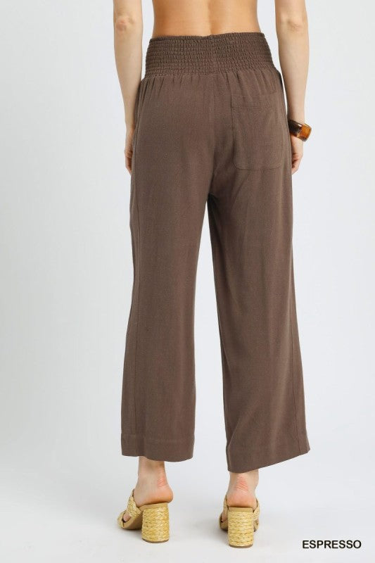 Linen Wide Leg Patch Pocket Smocked Waist Pants