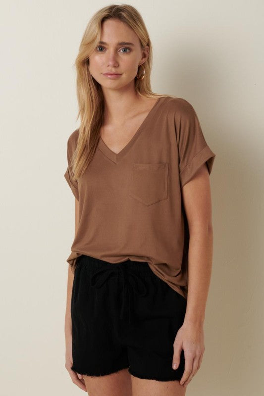 Solid V-Neck Cuffed Sleeve Pocket Top
