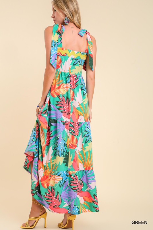 Leaf Print Shoulder Tie Ric Rac Trim Maxi Dress- Green