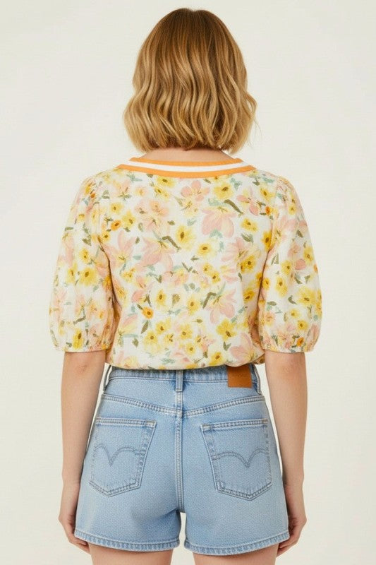 Floral Contrast Stripe Neck Banded Sleeve Top