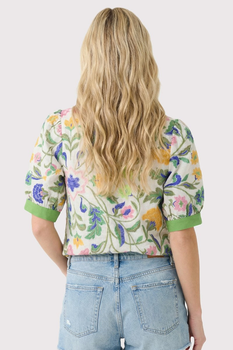 Floral Vine Split Neck Collared Puff Sleeve Top-Green
