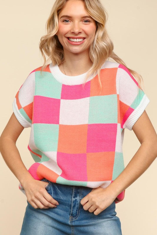 Short Dolman Sleeve Colorblock Checker Sweater