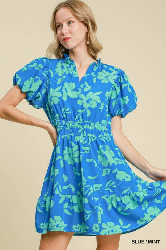 Two Tone Floral Bubble Sleeve Gathered Waist Dress