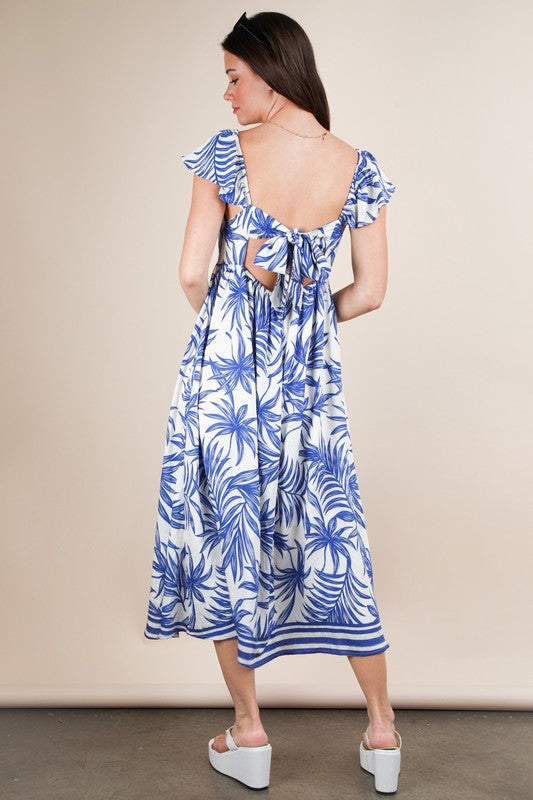Tropical Print Striped Hem Tie Open Back Midi Dress-Blue