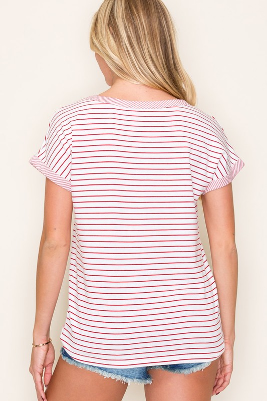 Striped Contrast Trim Round Neck Top-Red