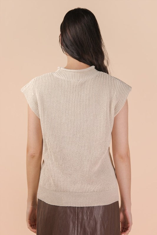 Solid Rolled Neck Short Sleeve Sweater