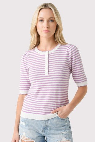 Striped 1/2 Button Scallop Edge Sweater-Lilac