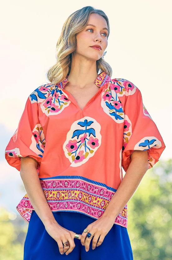 Large Spaced Floral Border Print Puff Sleeve Top-Coral