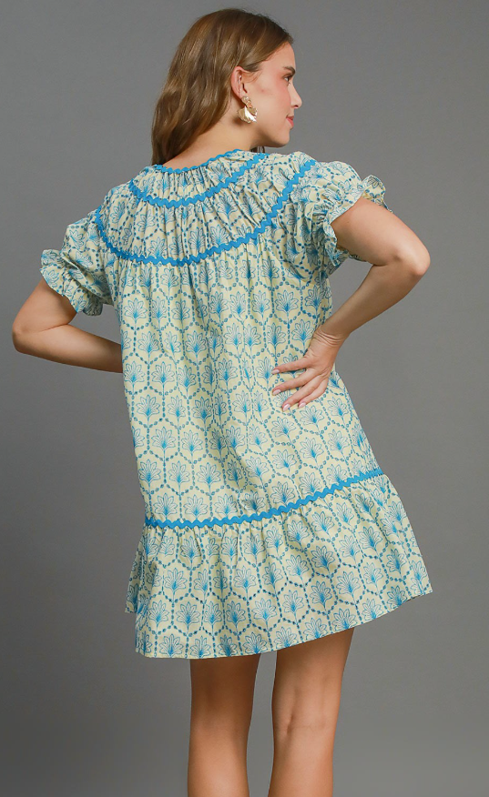 Eyelet Leaf Ric Rac Detail Gathered Sleeve Dress-Cream