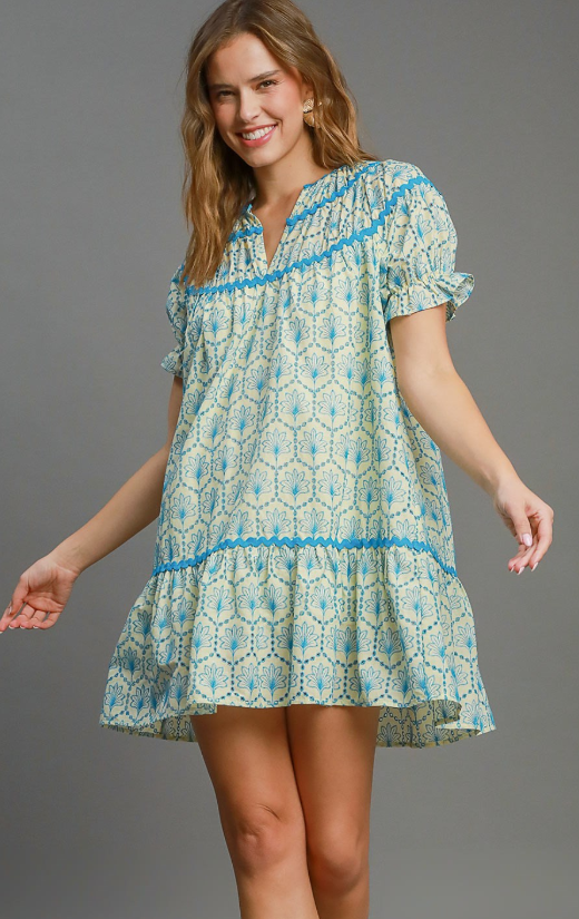 Eyelet Leaf Ric Rac Detail Gathered Sleeve Dress-Cream