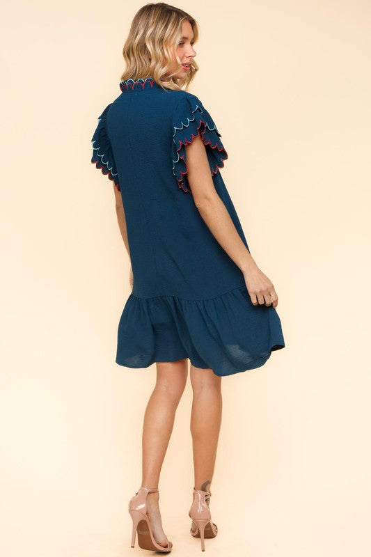 Embroidered Scallop Neck Flutter Sleeve Dress-Navy