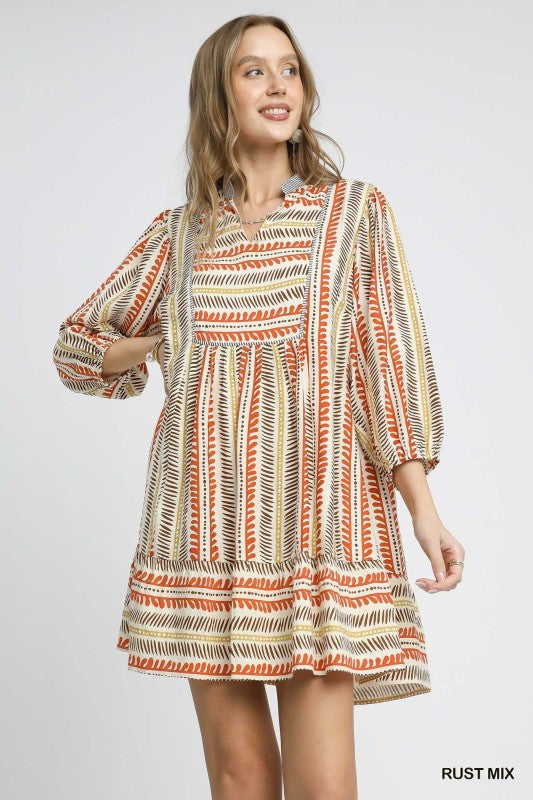 Mixed Stripes 3/4 Balloon Sleeve Dress-Rust