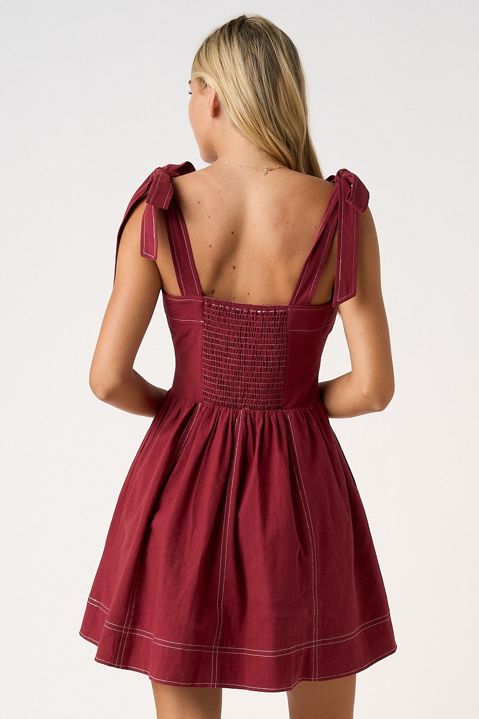 Solid Tie Shoulder Smocked Back Contrast Stitch Dress