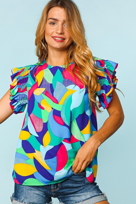 Geo Print Ruffle Smocked Sleeve Top-Blue