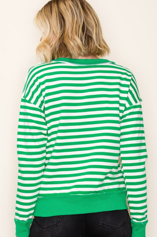 Striped Snap Henley Pullover-Green