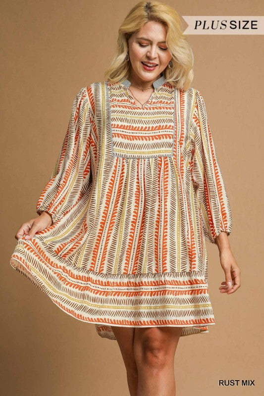 Mixed Stripes 3/4 Balloon Sleeve Dress-Rust