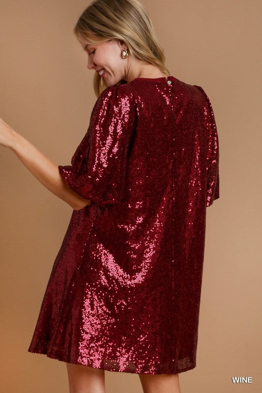 Sequin Round Neck Balloon Sleeve Dress - Wine
